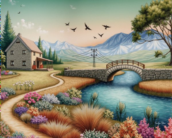 Serene landscape with house, bridge, and mountains