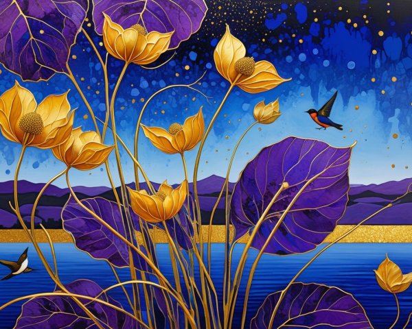 Vibrant Golden Lotus Flowers with Purple Leaves Scene