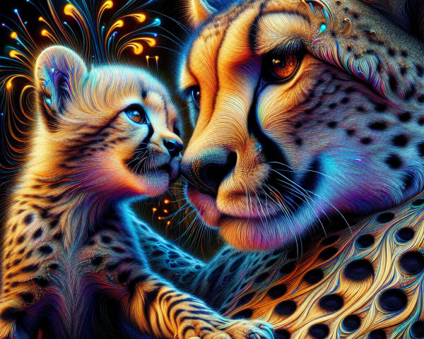 Vibrant Cheetah and Cub with Colorful Background