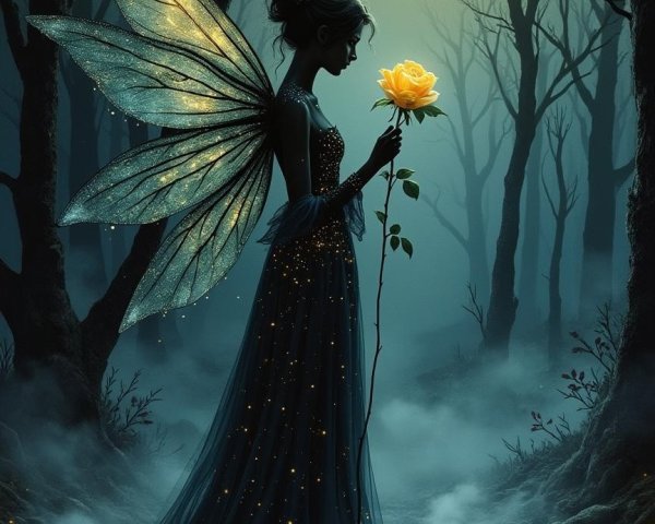 Fairy in Mystical Forest with Yellow Rose and Moonlight