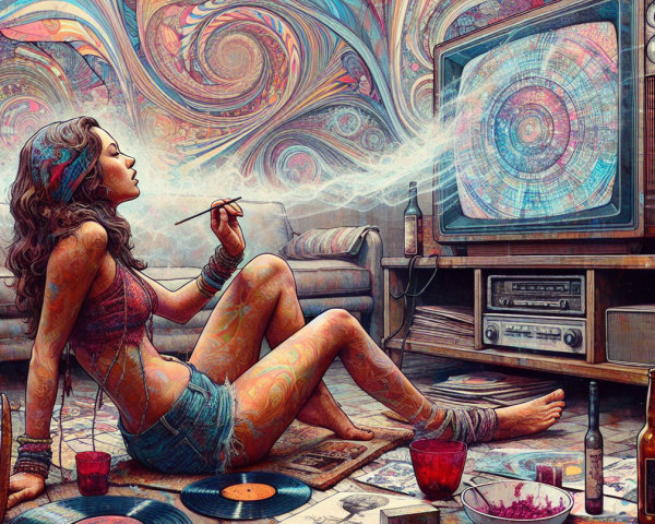 Psychedelic Scene with Woman, Records, and Art Decor