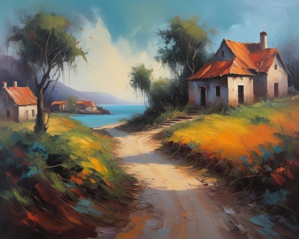 Serene Landscape with Quaint Houses and Tranquil Sea