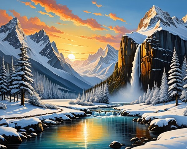 Winter Landscape with Snow-Capped Mountains and Waterfall
