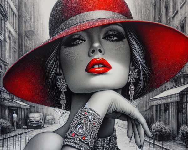 Glamorous Woman in Red Hat on Elegant City Street