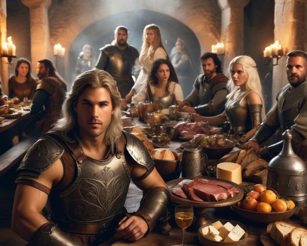 Medieval Banquet Scene in Candlelit Stone Hall