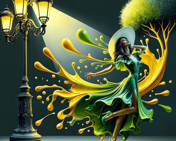 Woman in Green Dress Dancing Under Streetlamp