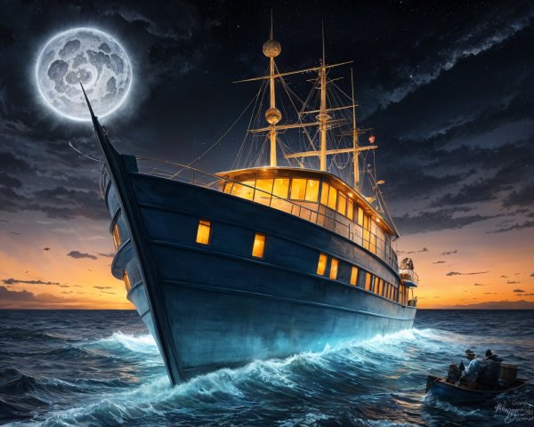 Majestic ship on moonlit sea with silhouetted figures