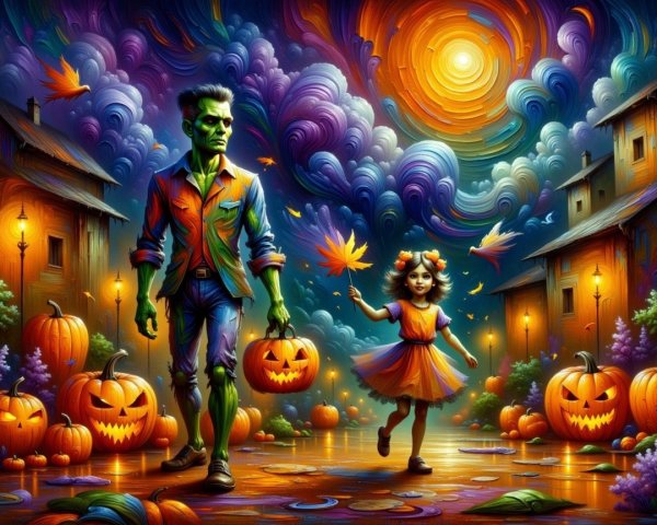 Whimsical Halloween Night with Green Figure and Girl