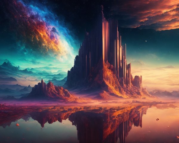 Otherworldly Landscape with Crystalline Spires and Lake