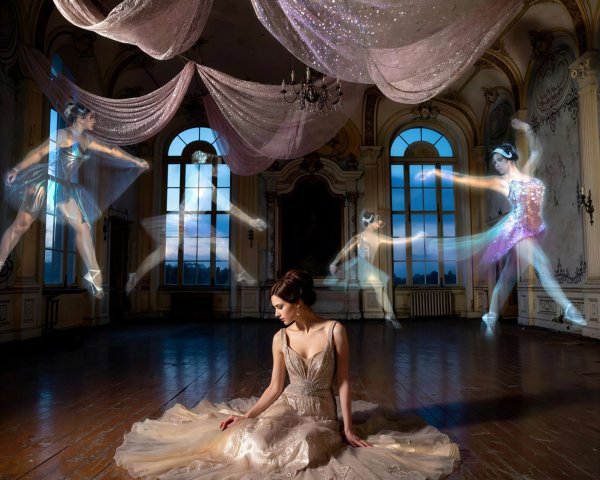 Surreal Scene of Ballerina in Enchanted Ballroom