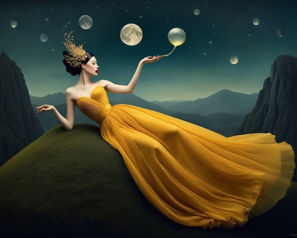 Woman in Yellow Gown on Hill Under Starry Sky