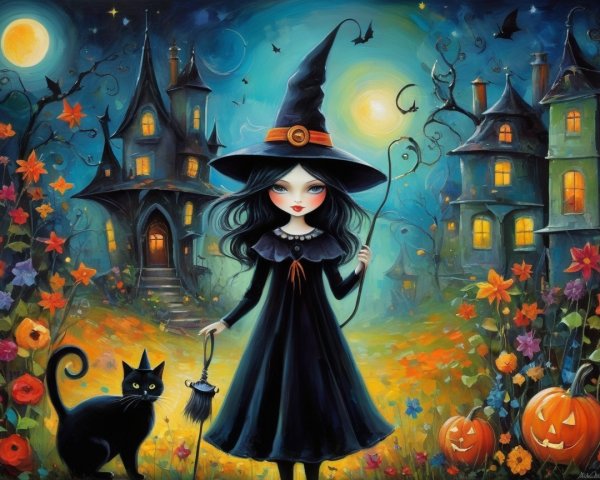 Whimsical Nighttime Scene with Young Witch and Cat