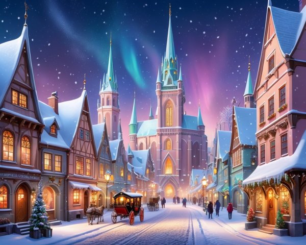 Winter Village with Snow-Covered Buildings and Lights