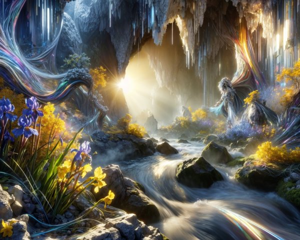 Surreal Cave Landscape with Golden Light and Flowers