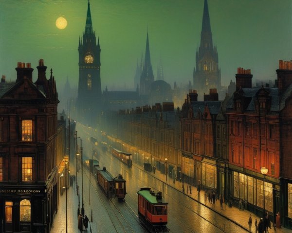 Foggy City Street with Historic Buildings and Gas Lamps