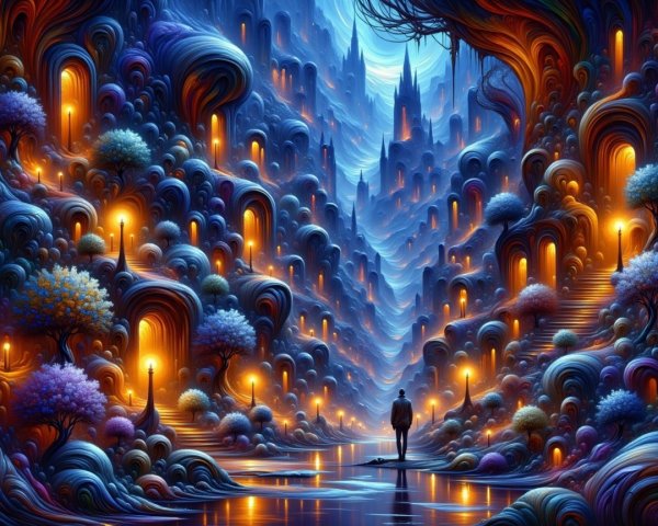 Surreal Landscape with Winding Path and Colorful Hills