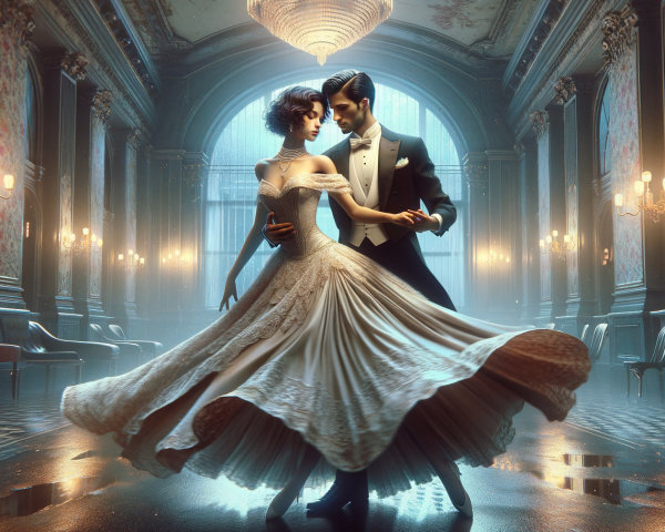 Elegant Ballroom Dance with Lace Gown and Tuxedo