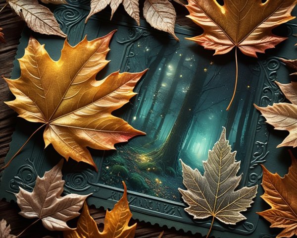 Mystical Forest with Ethereal Light and Autumn Leaves