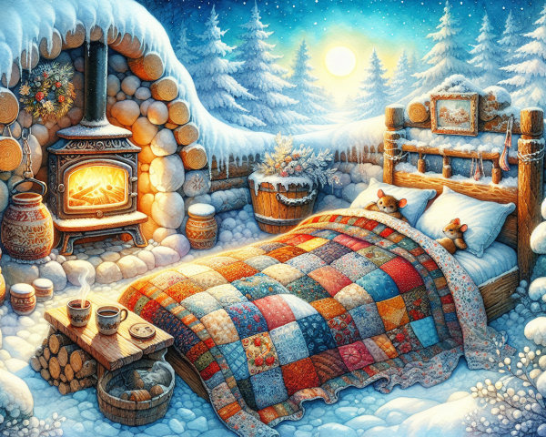 Cozy Winter Bedroom with Fireplace and Snowy Landscape