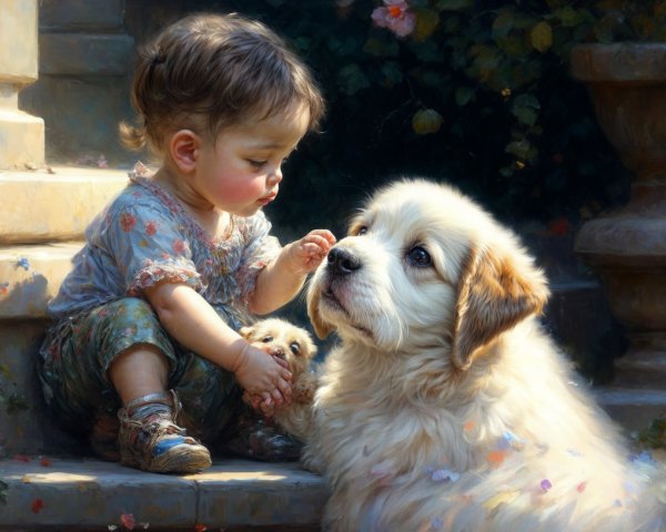 Toddler and Golden Retriever in a Sunlit Garden
