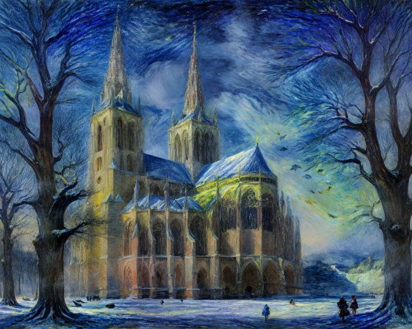 Majestic Cathedral in Winter Landscape with Stars