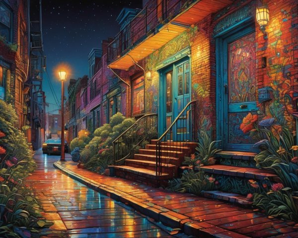 Moonlit Alleyway with Colorful Murals and Greenery