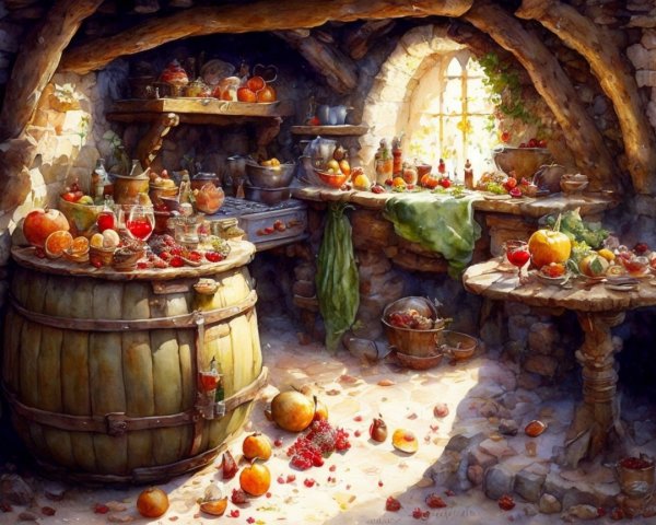 Cozy Rustic Kitchen with Colorful Fruits and Spices