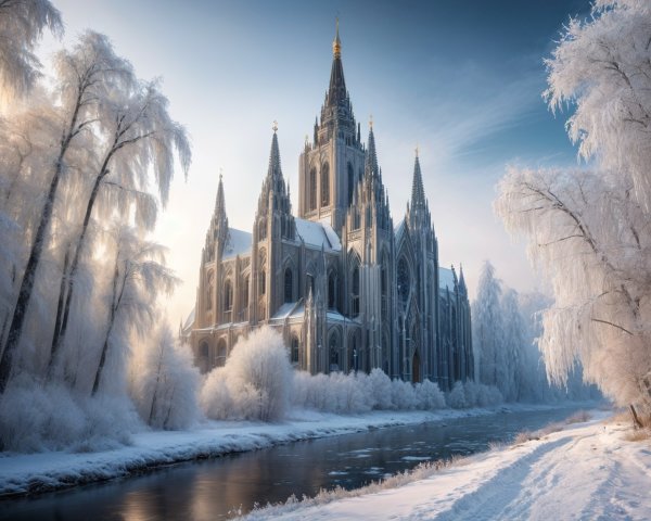 Gothic Cathedral in Winter Landscape with Snow and River