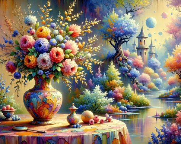 Colorful Bouquet in Intricate Vase with Dreamy Landscape
