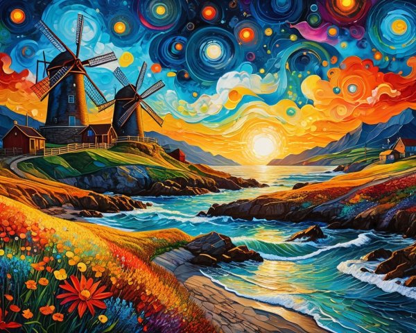 Vibrant Landscape with Windmills and Colorful Fields