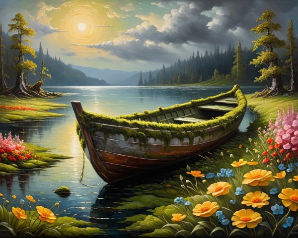 Serene Landscape with Rustic Boat and Vibrant Flowers