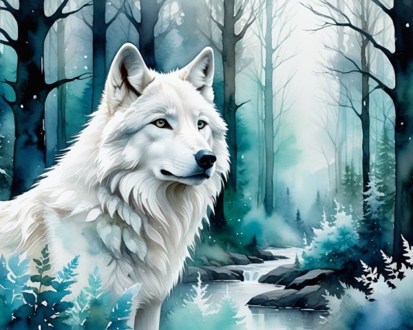 Majestic white wolf in a serene forest setting