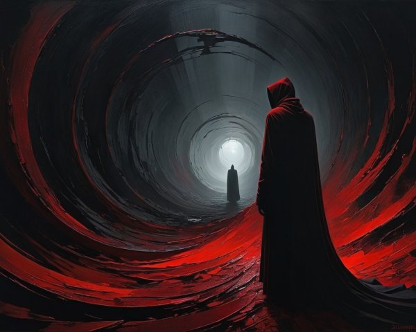 Cloaked Figures in a Dark Tunnel with Glowing Light