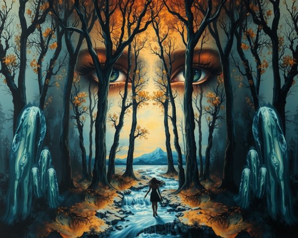 Mystical forest scene with giant face and serene stream