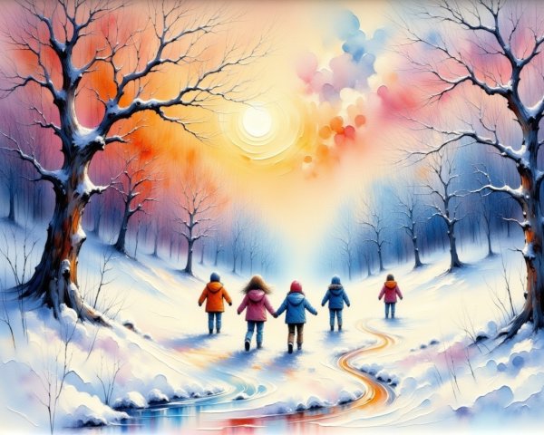Children Walking in a Snowy Winter Landscape