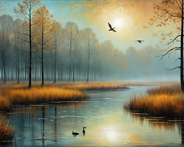 Serene Autumn Landscape with River and Golden Foliage