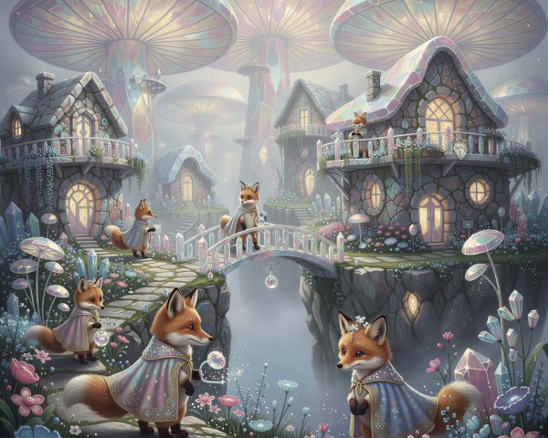 Fantasy Village of Anthropomorphic Foxes Among Mushrooms