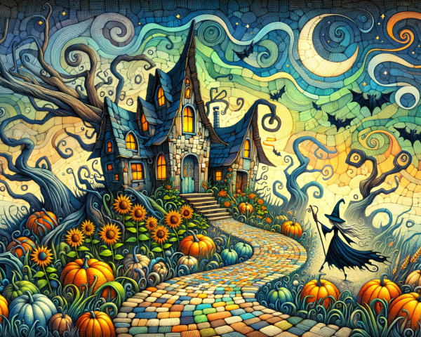 Colorful Halloween Scene with Mysterious House