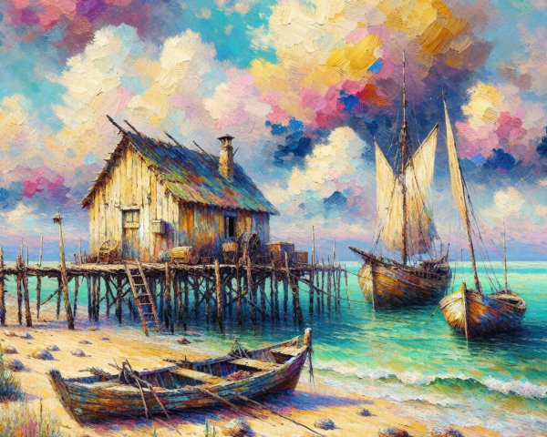 Serene Seaside Landscape with Pier and Cottage