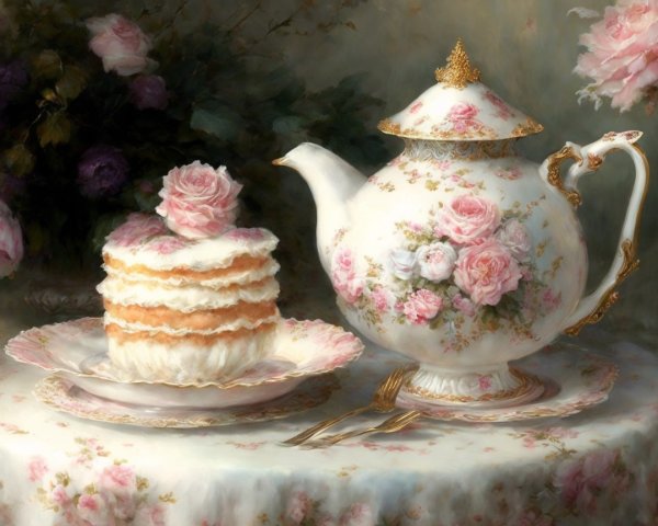 Elegant Tea Set with Floral Patterns and Layered Cake