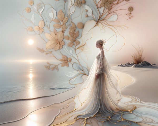 Coastal Scene with Ethereal Figure and Sunset Colors