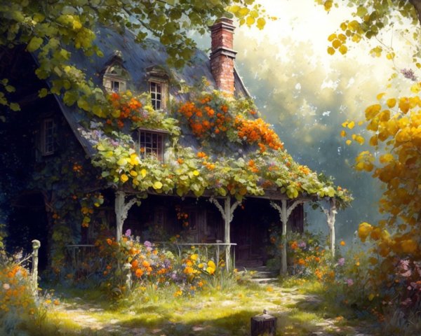 Charming Cottage Surrounded by Vibrant Garden Blooms
