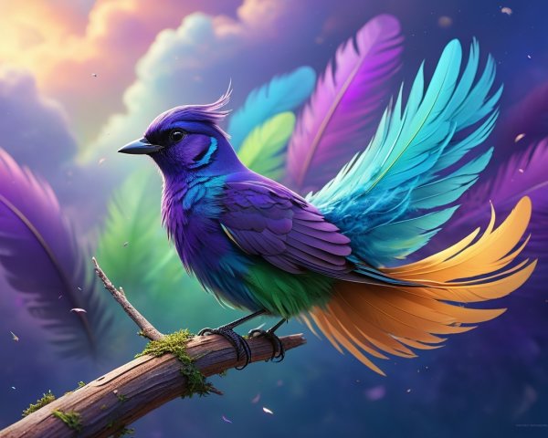Vibrant Multicolored Bird on Moss-Covered Branch