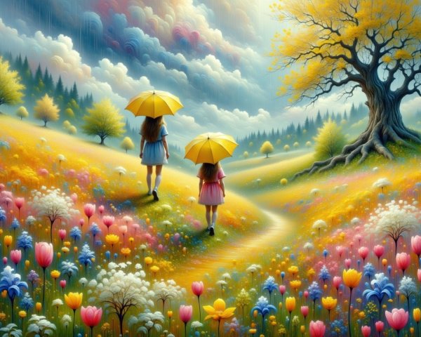 Two Girls with Yellow Umbrellas in Colorful Meadow