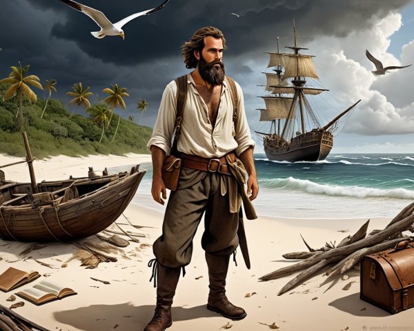 Rugged Pirate on Beach with Stormy Skies and Treasures