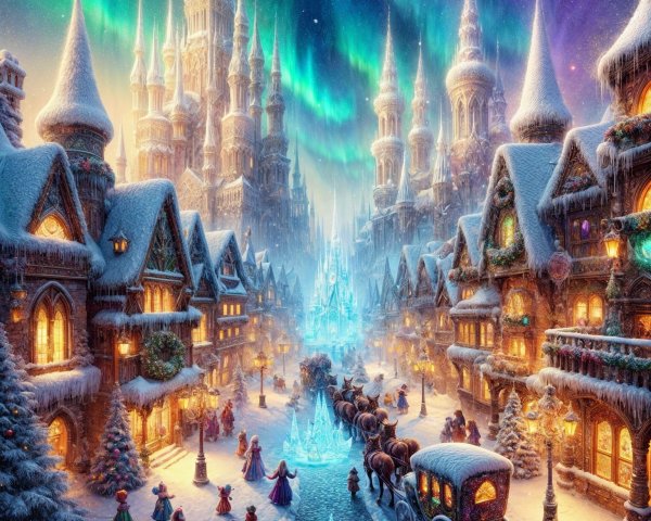 Magical Winter Wonderland with Snowy Village Scene