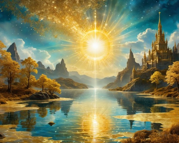 Fantasy Landscape with Lake, Mountains, and Castle
