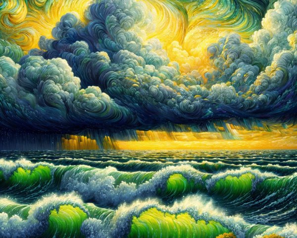 Dynamic Clouds and Golden Light Over Turbulent Waves