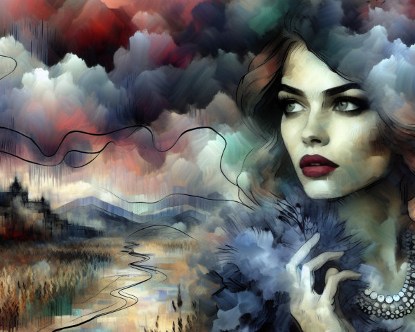 Contemplative Woman in Dreamlike Landscape Art