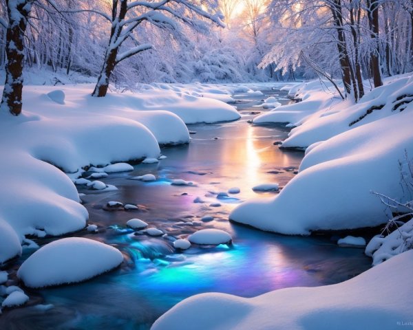 Serene Winter Landscape with Gentle Stream and Snow